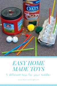 Text: Easy Home Made Toys 5 different toys for your toddler  Picture: toys made from recycled materials. Coffee can coin drop, oat cannister ball drop, egg carton straw game, colorful straws, 3 plastic golf balls, and a yellow and green puff ball