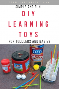 There are a lot of easy homemade toys you can put together to help your children learn.  Here are some simple favorites! #homemadetoys #learningtoys #toddler #baby #learningactivity Team-Cartwright.com