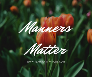 Text: Manners Matter  {text in white over picture of red tulips}