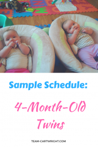 4-month-old twin sample schedule. Here is a day in the life of baby twins. #babywise #sampleschedule #infanttwins #twins #twinschedule Team-Cartwright.com