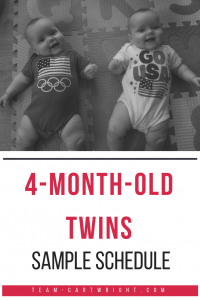 4-month-old twins sample schedule.  See how real twins utilized an eat play sleep schedule at 4 months of age. #twins #4monthsold #4months #eatplaysleep #eatwakesleep #schedule #sample #babywise Team-Cartwright.com