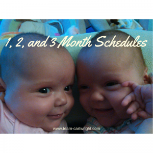 Text: 1,2, and 3 month schedules  Picture: Smiling 3 month old twin girls giggling at each other