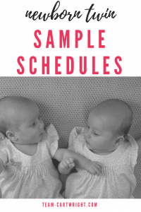 Newborn Twin Schedules. Sample schedules for newborn twins and tips to get your twins on a schedule. #twins #newborntwins #twinschedule #newborntwinschedule #babywise #babywiseschedule #babywisetwins #eatplaysleep #eatwakesleep Team-Cartwright.com