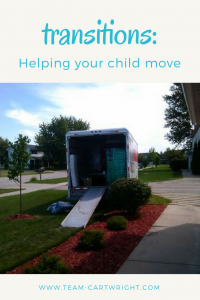 Text: Transitions: Helping your child move. Picture: U-Haul moving van being filled