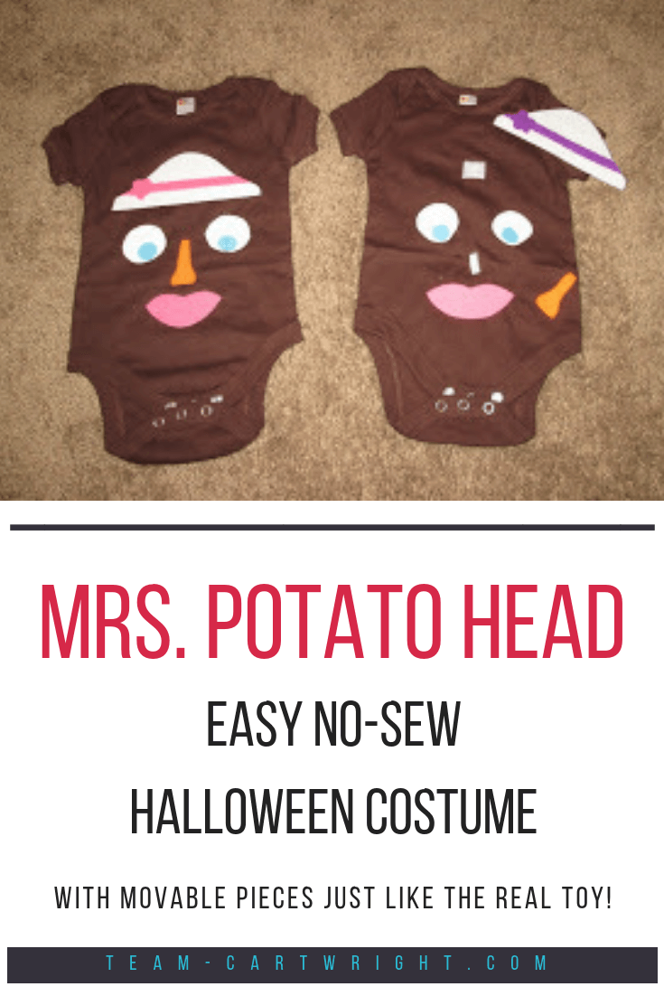 Easy DIY No-Sew Mrs. Potato Head Halloween Costume! Make a sweet Halloween costume on budget with no sewing required. The face pieces can actually be moved around like the real toy! #Halloween #costume #baby #toddler #nosew #easy #DIY #Potato #head Team-Cartwright.com