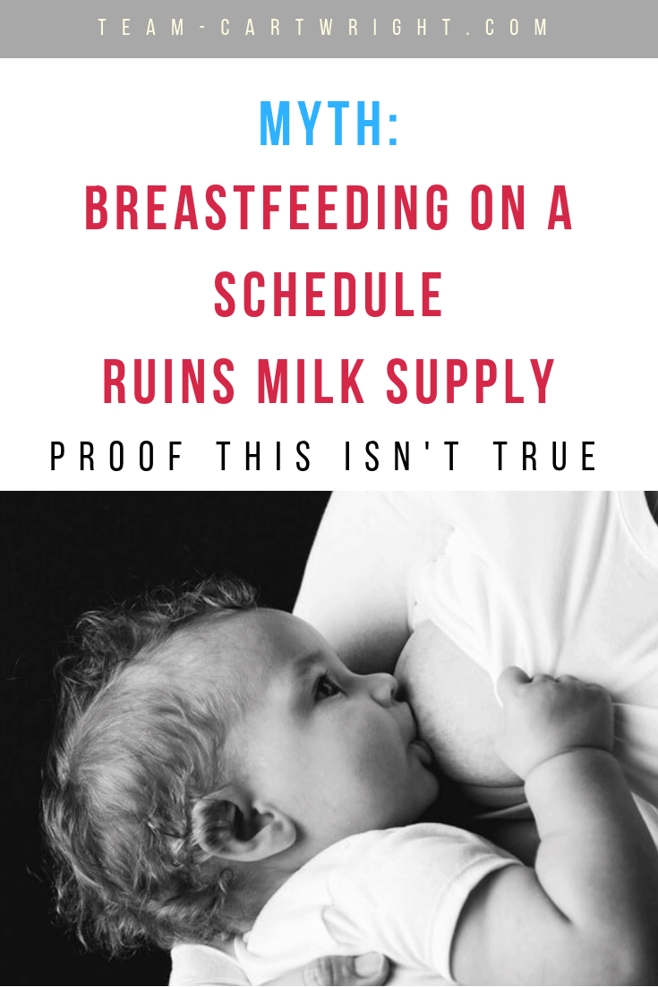Myth: Feeding on a schedule will ruin your milk supply. This blanket statement just isn't true. Here is what scheduling really means and proof that scheduling doesn't diminish milk supply. #babywise #babywisemyth #breastfeeding #breastfeedingtwins #newborn #schedules #babywiseschedules #supplyanddemand Team-Cartwright.com