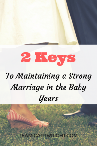 Text: 2 Keys To Maintaining a Strong Marriage in the Baby Years  Picture: Women in white dress facing man in suit, viewed only from waist down