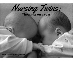 Text: Nursing Twins: Thoughts on a year Picture: Twin babies sleeping with foreheads together and holding hands in black and white