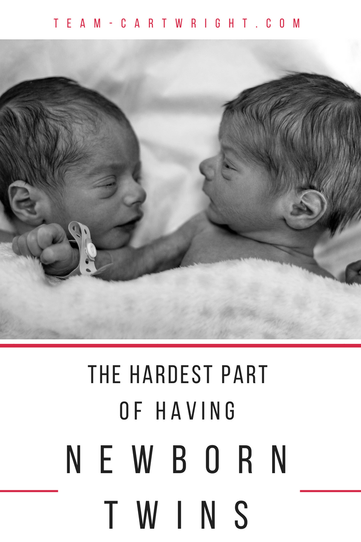 The hardest part of having newborn twins. It isn't the feeding, it isn't the diapers. It's the split attention. Twin moms, I feel you. I've been there and it gets easier. #newborn #twins #challenges #mom #parenting Team-Cartwright.com