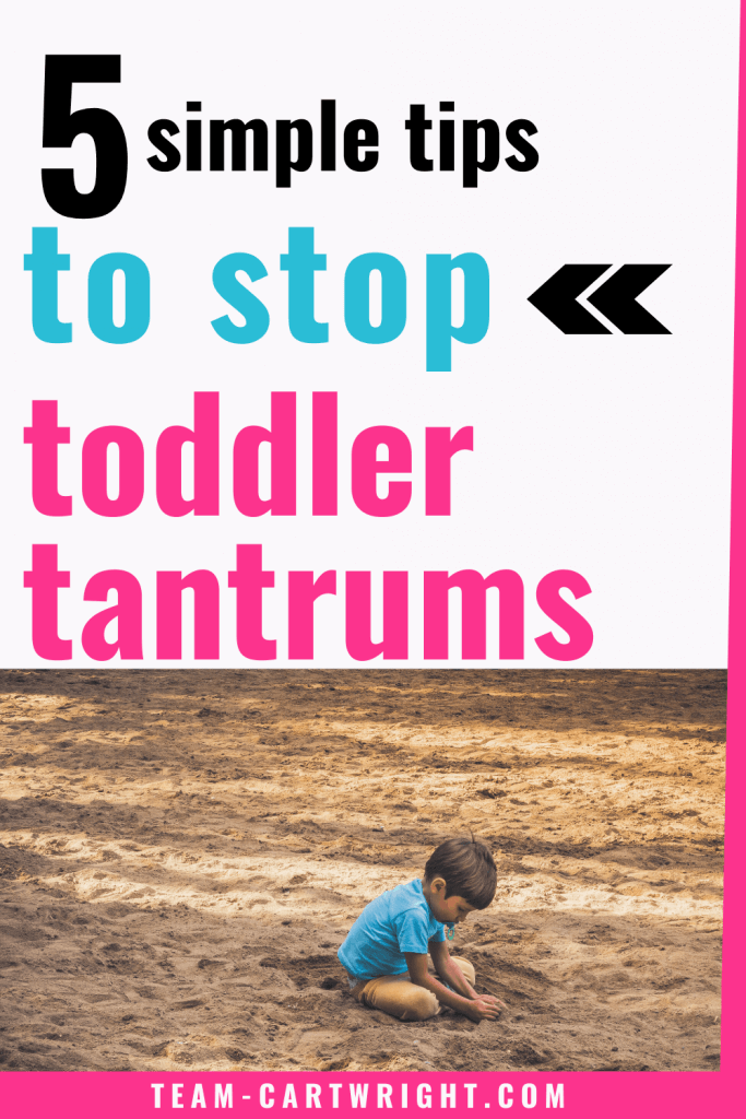 5 simple tips to stop toddler tantrums with image of toddler pouting in sand