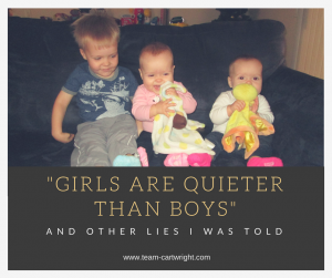 Text: "Girls Are Quieter Than Boys" And Other Lies I Was Told
Picture: toddler boy with twin baby girls