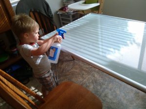 toddler boy using helper bottle to spray kitchen table