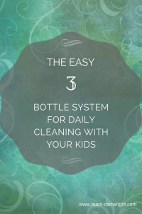 Text: The Easy 3 Bottle System for Daily Cleaning with Your Kids. On decorative teal background