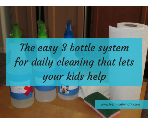 Text: The easy 3 bottle system for daily cleaning that lets your kids help. Picture: 3 spray bottles, sponge, and roll of paper towels