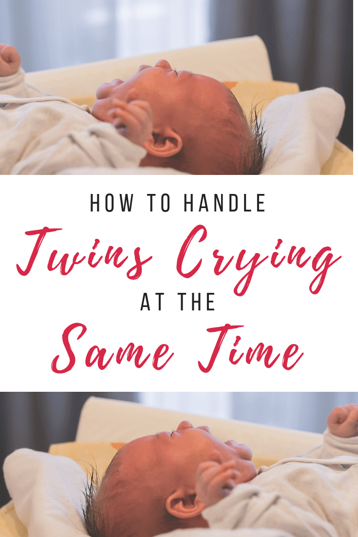 How to handle twins crying at the same time. What do you do when you are alone with your baby twins and they both start crying? You're only one person! Here are 5 ways to handle this on your own. #twins #newborntwins #crying #soothing #alone #twinmom #colic #witchinghour Team-Cartwright.com