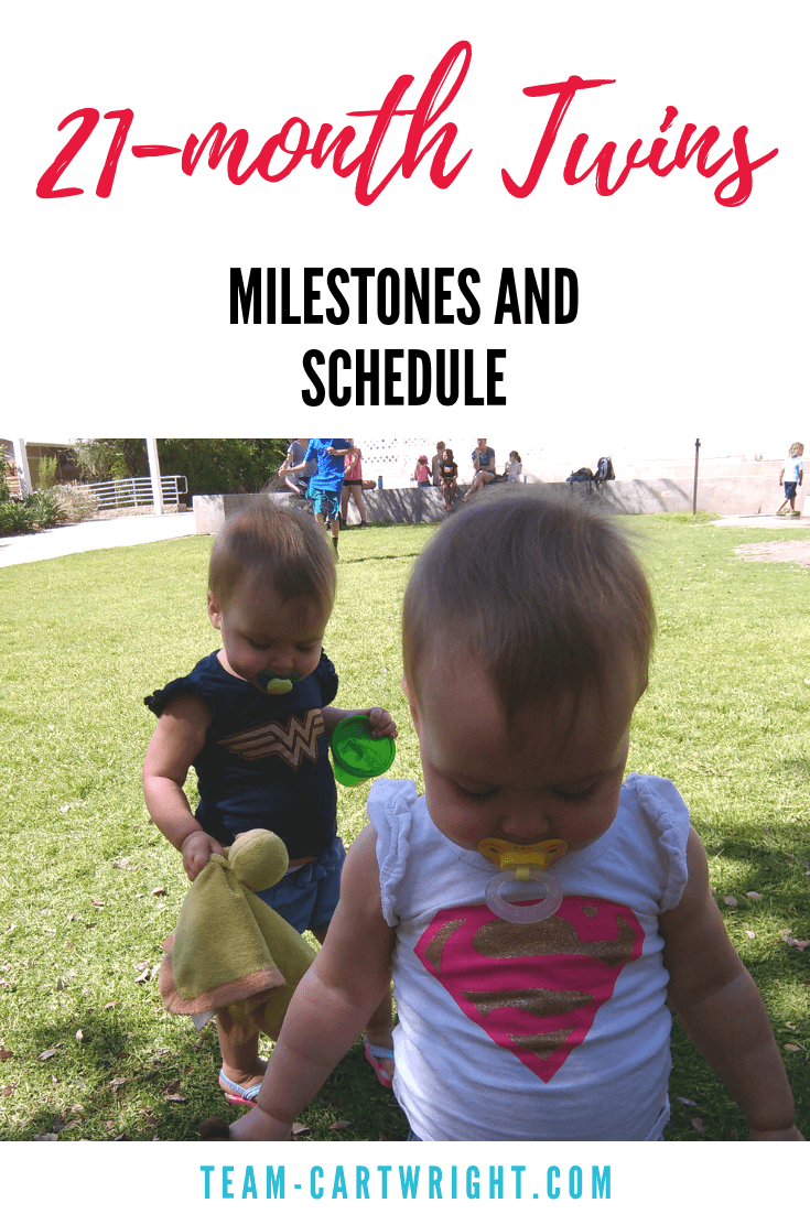 21-month-old twins schedule and milestone.  Get a peek into a day in the life with toddler twins and get a sample twin schedule for a one year old. #Twins #TwinSchedule #ToddlerTwins #SampleSchedule #Babywise #BabywiseTwins Team-Cartwright.com