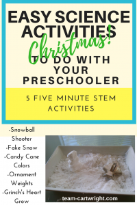 Looking for some easy science to do with your kids this holiday? Check out these five activities that can be set up in 5 minutes or less. They are perfect for some holiday fun! #preschool #STEMKids #ChristmasSTEM