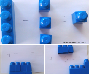 Practicing subtraction with blocks.