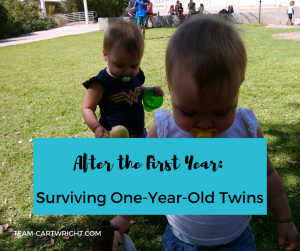 Twin one-year-olds playing in a field. Surviving the first year: life with one-year-old twins. #toddler #twins #mom 