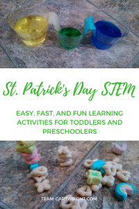 Looking for some easy and fun St. Patrick’s Day STEM activities? Here are four fun options for preschoolers and toddlers. There is minimal prep and very little clean up. Learn, have fun, and enjoy the holiday! STEM Activity | Kid craft | Learning | Homeschool | St. Patrick’s Day Activity for kids #toddler #preschooler #kid #activity #STEM #science #learning Team-Cartwright.com