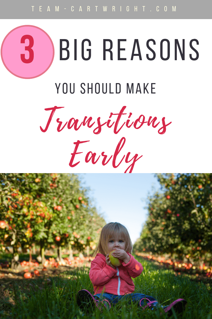 Text: 3 Big Reasons You Should Make Transitions Early Picture: Young toddler girl eating apple in apple orchard