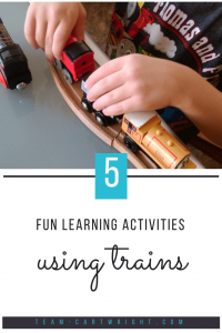 Easy learning activities using trains! Practice counting, basic math, and letter skills using trains. Keep your child's focus and have fun while they learn. (Plus free printables to help!) #learning #activity #preschool #counting #letters #homeschool Team-Cartwright.com
