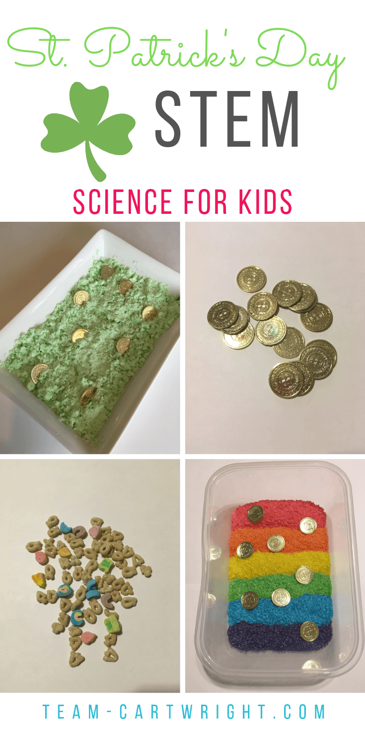 St. Patrick's Day STEM for kids! Get easy and fun science activities full of leprechauns, rainbows, and gold. Sensory activities, engineering challenges and more! #StPatricksDaySTEM #ScienceActivities #LeprechaunSnow #RainbowScience Team-Cartwright.com