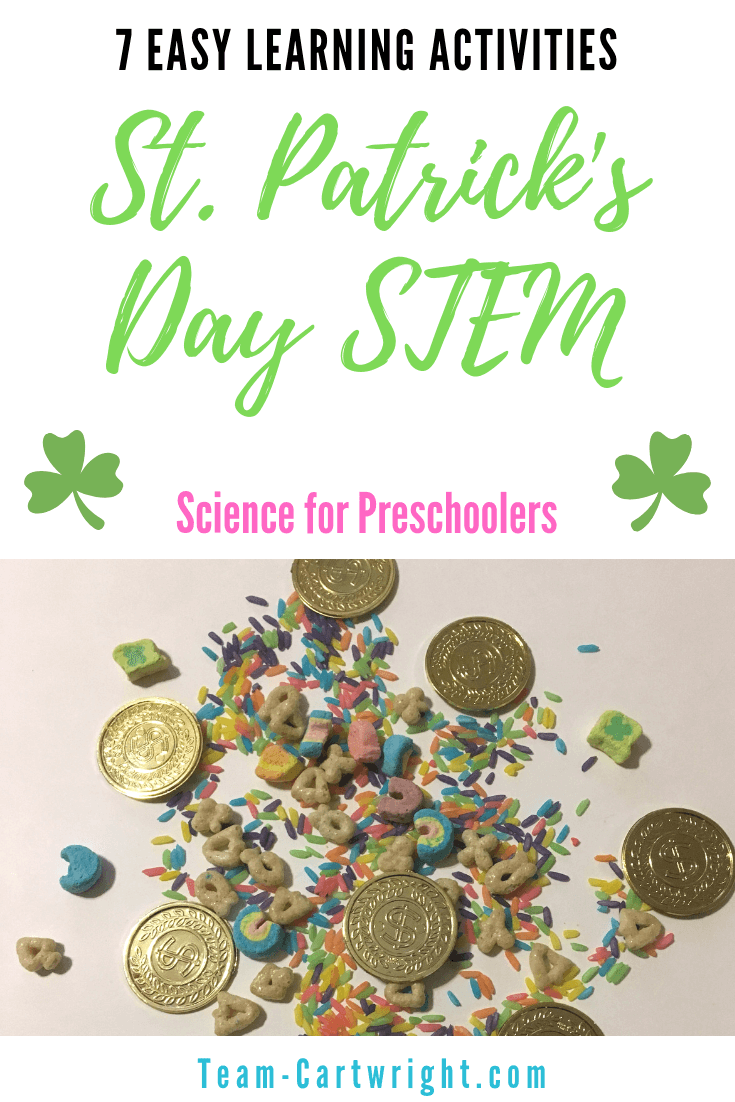 St. Patrick's Day science activities for kids! Get 7 fun and easy STEM activities to wow your kids. Leprechauns, Rainbows, Gold and more! #StPatricksDaySTEM #LeprechaunActivities #RainbowActivities #StPatricksDay #SensoryPlay Team-Cartwright.com