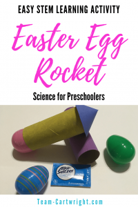 Easter Egg Rocket! Enjoy this Easter STEM activity for kids and learn about basic chemical reactions. Easy, creative STEAM learning. #EasterEggRocket #STEAM #LearningActivity #EasterSTEM Team-Cartwright.com