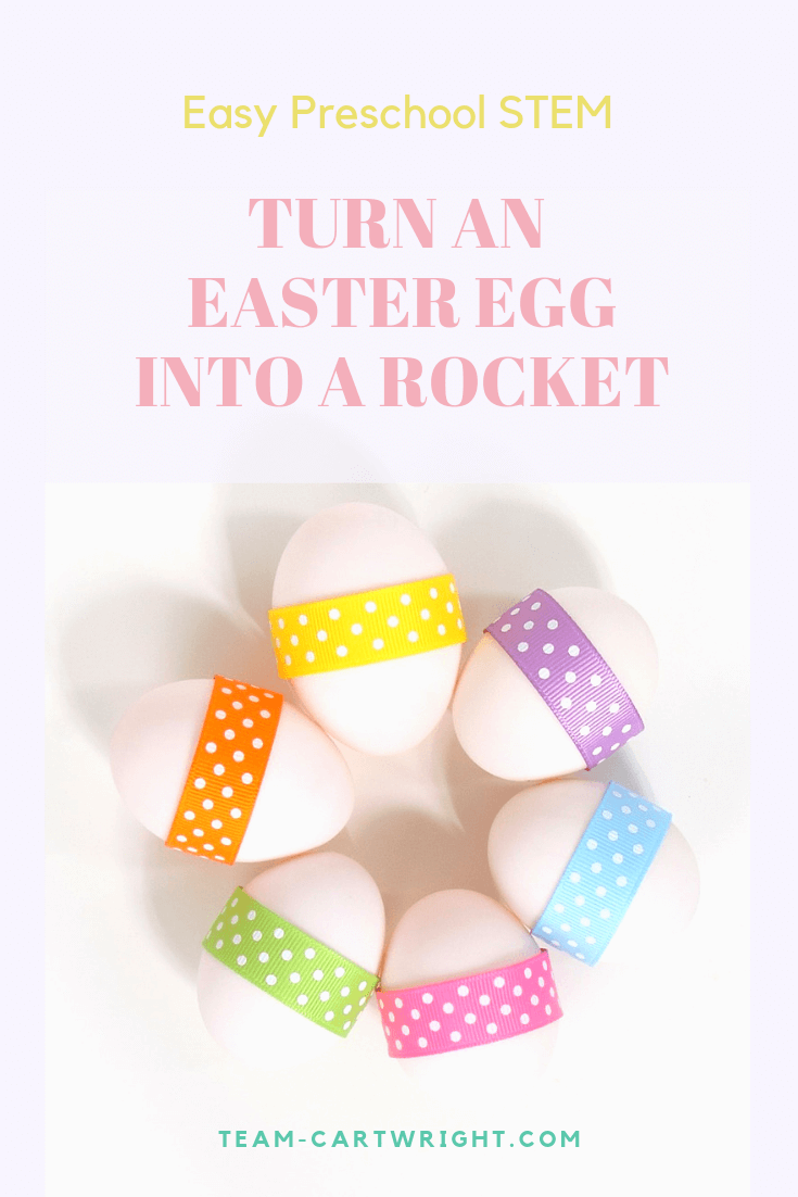 Picture of easter eggs with text overlay: Easy preschool stem: turn an easter egg into a rocket