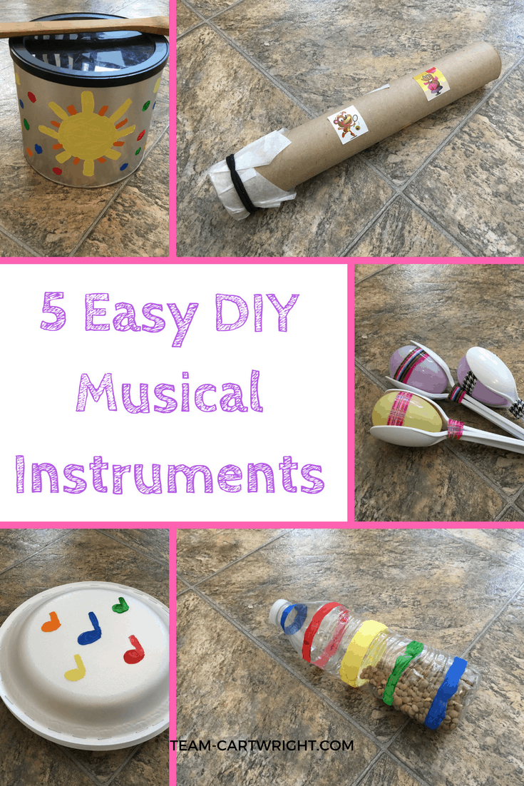 5 Easy DIY musical instruments to make with your children. Kids love music, and learning music helps build STEM skills! Practice counting, learn rhythms, and recognize patterns with these easy to make instruments. This is perfect for babies, toddlers, and preschoolers. Toddler Activity | Preschool Activity | Music Activity for kids | Music and STEM craft #music #STEM #activity #preschool #toddler #baby #kidcraft #musiccraft #STEMactivity Team-Cartwright.com