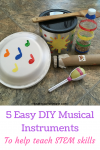 5 Easy DIY musical instruments to make with your children. Looking for a fun activity for your baby and toddler? Kids love music, and learning music helps build STEM skills! Practice counting, learn rhythms, and recognize patterns with these easy to make instruments. Toddler Activity | Preschool Activity | Music Activity for kids | Music and STEM craft #music #STEM #activity #preschool #toddler #baby #kidcraft #musiccraft #STEMactivity #familyfun #sibling Team-Cartwright.com
