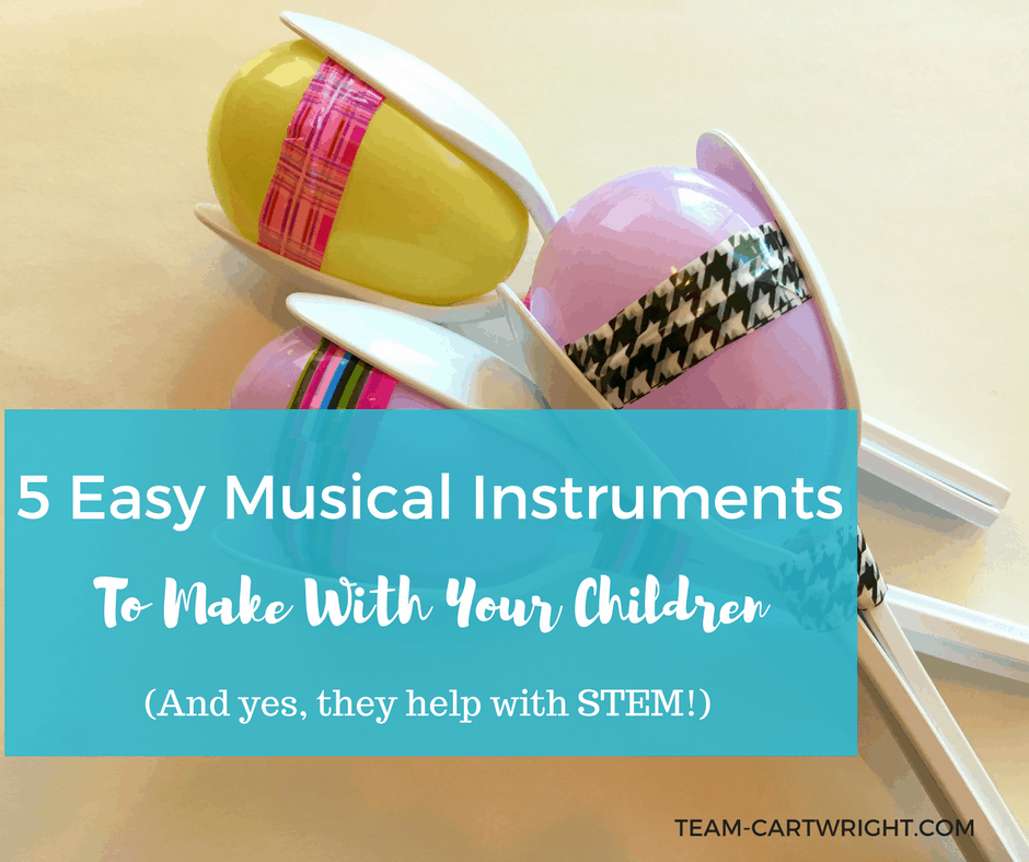5 Easy DIY musical instruments to make with your children. Kids love music, and learning music helps build STEM skills! Practice counting, learn rhythms, and recognize patterns with these easy to make instruments. Toddler Activity | Preschool Activity | Music Activity for kids | Music and STEM craft #music #STEM #activity #preschool #toddler #baby #kidcraft #musiccraft #STEMactivity Team-Cartwright.com
