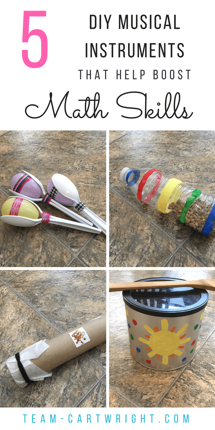 5 DIY musical instruments that boost math skills. Learn counting and rhythm skills while enjoying an easy and fun art project. Music boosts math and science skills, so give these a try! #music #craft #art #STEAM #math #counting #number #sense #rhythm #STEM #preschooler #toddler #learning #activity Team-Cartwright.com