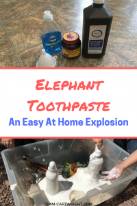 Looking for an easy sensory science project to really wow your kids? Try elephant toothpaste. Easy, fun, and safe to play with. This fast eruption will impress your children and grab their attention. Plus they will love digging their hands into the foam! STEM with kids | Preschool Learning Activity | Easy Science Projects #STEM #scienceproject #science #easy #safe #preschool #toddler #learningactivity #sensoryactivity Team-Cartwright.com