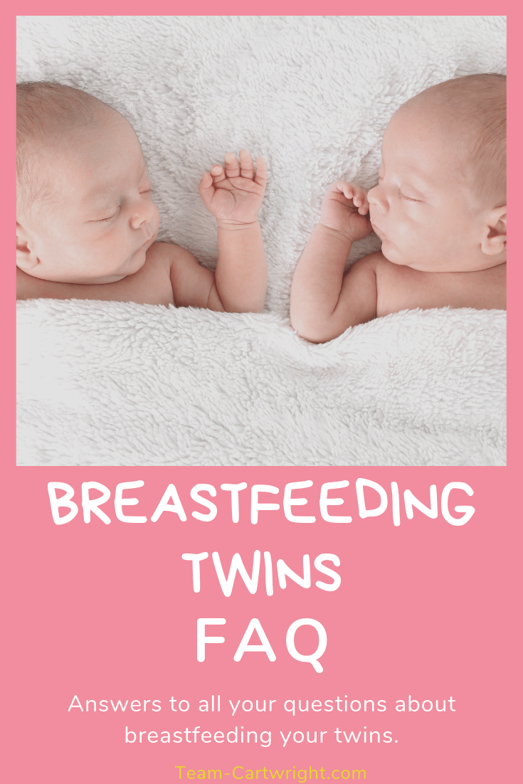 picture of baby twins with text overlay Breastfeeding Twins FAQ: Answers to all your questions about breastfeeding your twins.