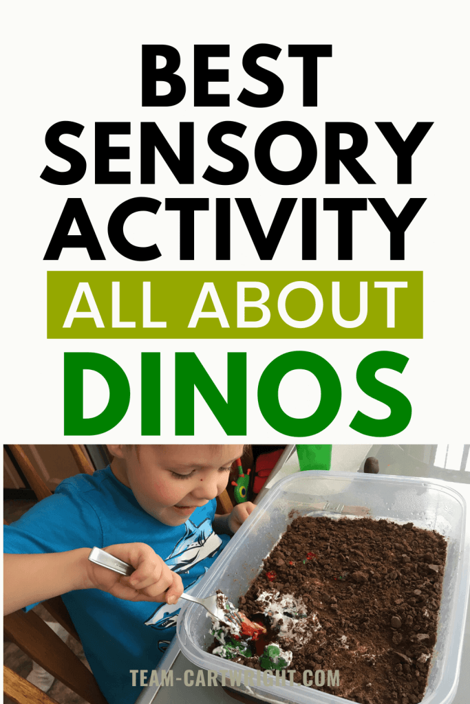 Best sensory activity all about dinosaurs with picture of child doing dino dig