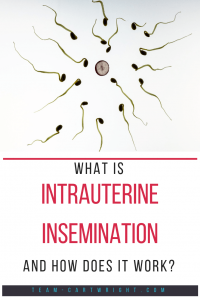 text: What is Intrauterine Insemination and how does it work?  Picture: sperm swimming towards egg in black and white