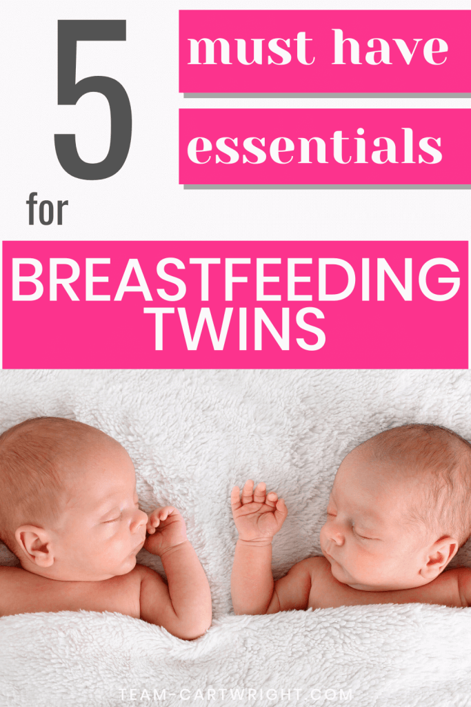 5 must have essentials for breastfeeding twins with picture of sleeping twin babies in white blanket