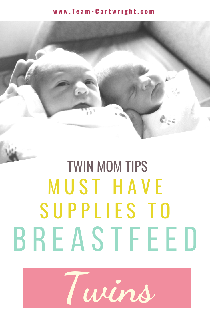 picture of newborn twins with text overlay: Twin Mom Tips Must Have Supplies to Breastfeed Twins