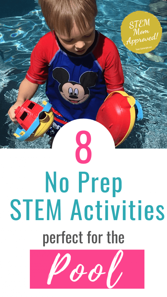 picture of a child in a pool with text: 8 No Prep STEM Activities perfect for the Pool