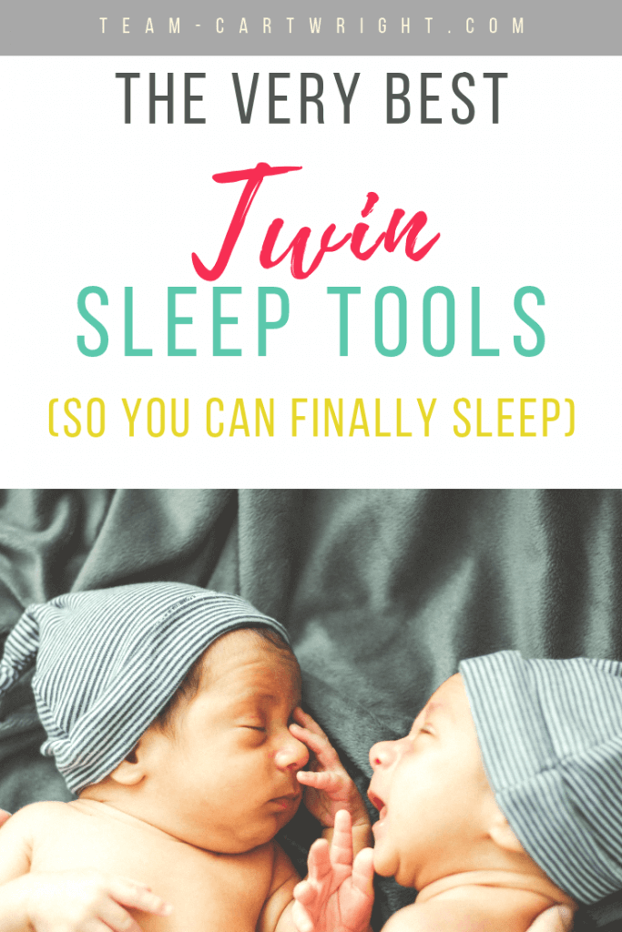 picture of sleeping baby twins with blue hats and text overlay: The Very Best Twin Sleep Tools (So You Can Finally Sleep)