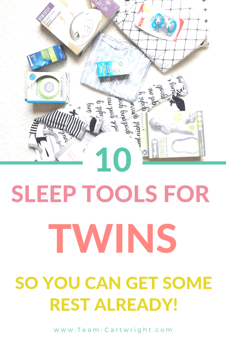 picture of sleep tool collage including sound machine, sleepers, and swaddles. Text overlay: 10 Sleep Tools for Twins So You Can Get some Rest Already!