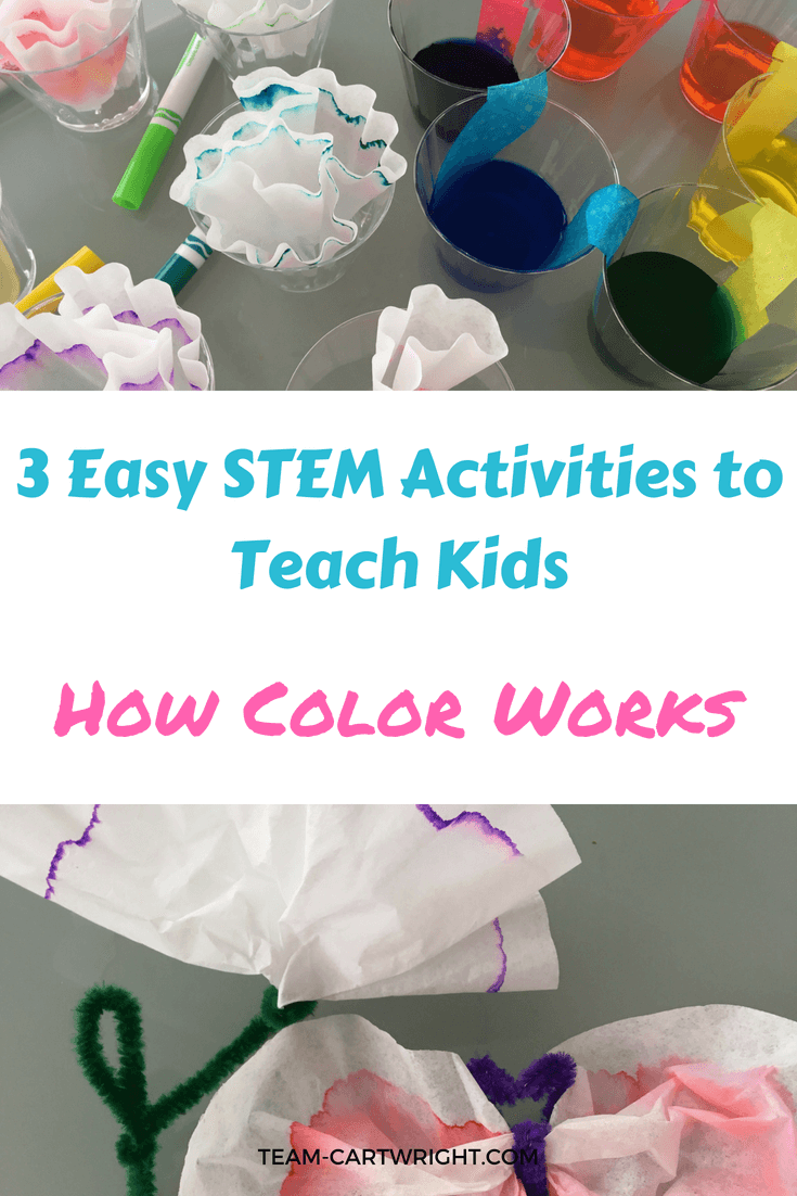 3 Easy STEM activities to teach kids about color. Learn about rainbows, how colors mix, and create an art project with chromatography. #colorscience #colorchemistry #toddlerSTEM #preschoolSTEM #easyscienceactivity #STEAMactivity #artandscience #summerscience #homeschoolscience #rainbowscienceactivity #rainbowart Team-Cartwright.com
