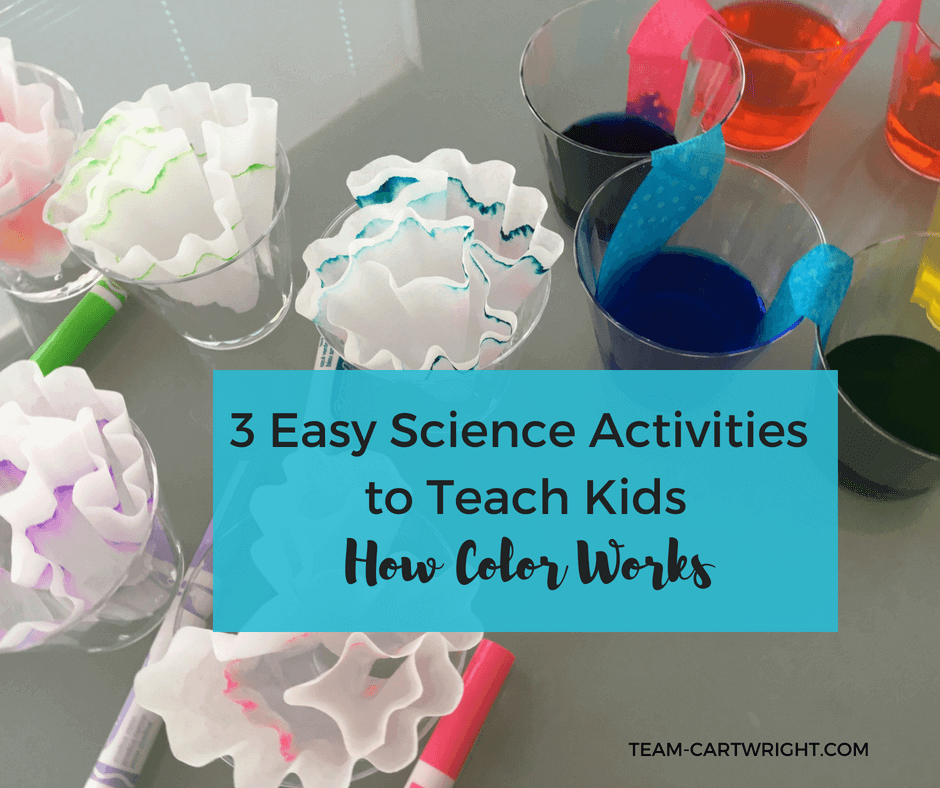 Text: 3 East Science Activities to Teach Kids How Color works  Picture: markers, cups with coffee filters doing ink chromatography and the blue and green cups of the walking water experiment