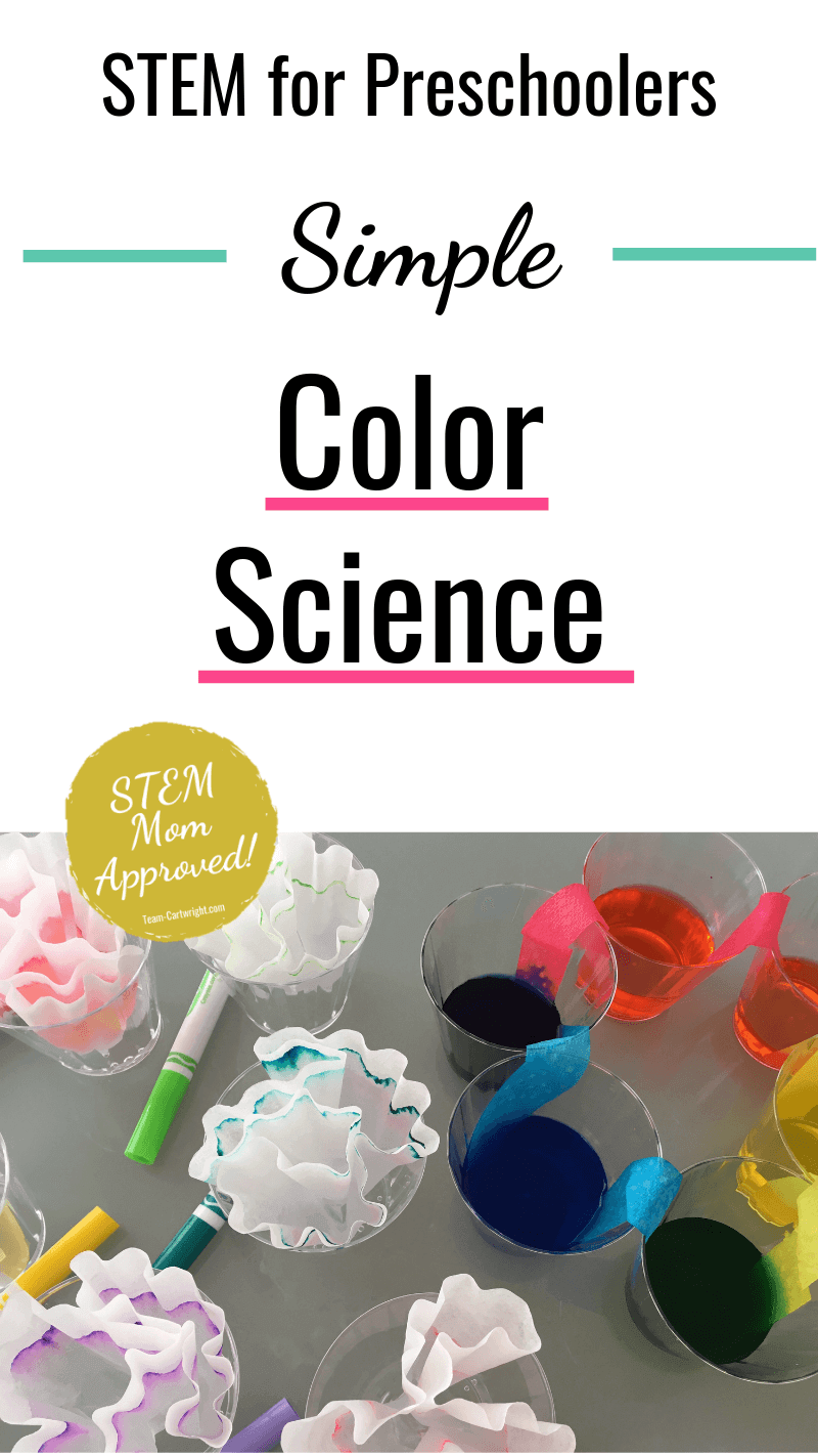 picture of walking water colors and coffee filter chromatography with text STEM for Preschoolers Simple Color Science