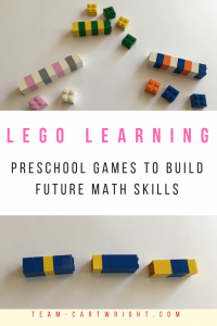 Easy and fun Lego games to build math and reading skills in your preschooler! Counting, patterns, colors, and more! #lego #legolearning #learning #learninggame #counting #colors #patterns #toddleractivities #preschoolactivities Team-Cartwright.com