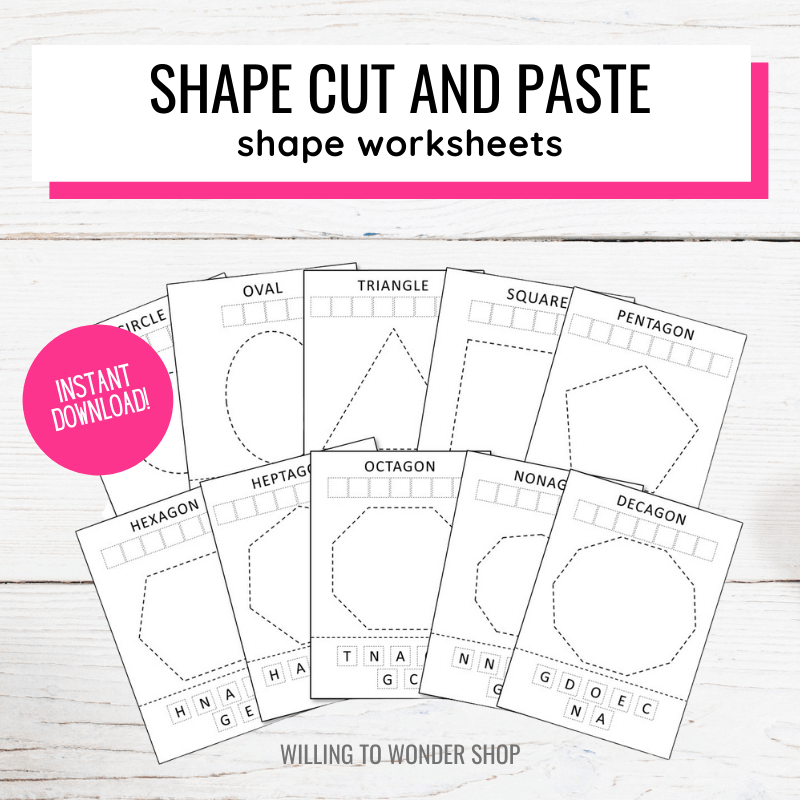Text: Shape Cut and Paste Shape Worksheets Instant Download. Picture: 10 shape printables for preschool
