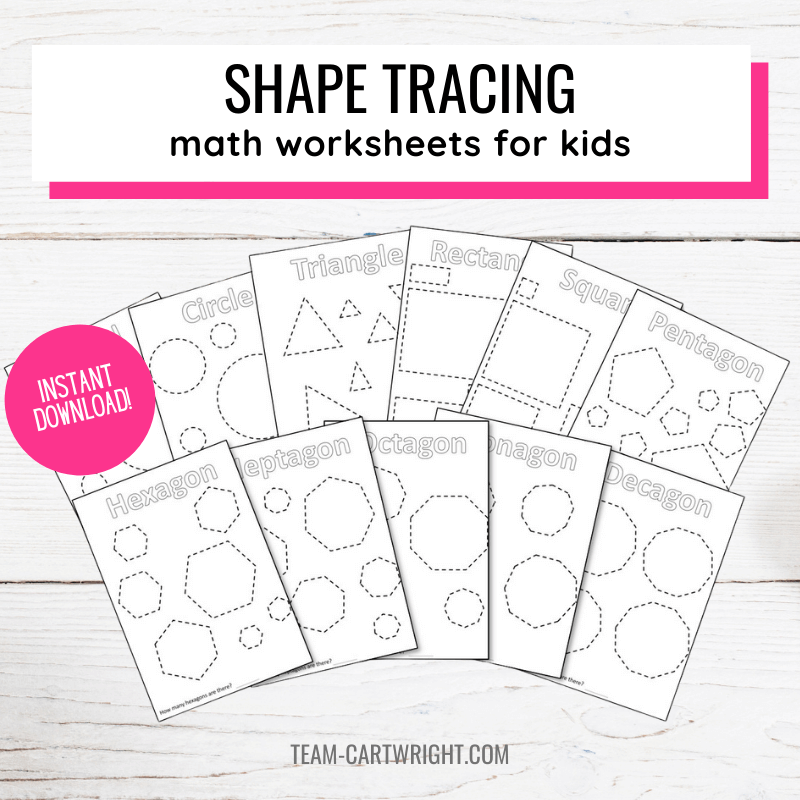 Text: Shape Tracing Math Worksheets for Kids Instant Download. Picture: 11 shape tracing worksheets for preschool