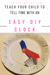 Looking for an easy way to help your child learn how to tell time? Try making this simple clock at home! You just need a couple of paper plates, a pipe cleaner, and some colored paper. Easy, fun, and a great way to teach kids about telling time. #clock #learning #activity #time #preschool #kids #DIY #craft #art Team-Cartwright.com